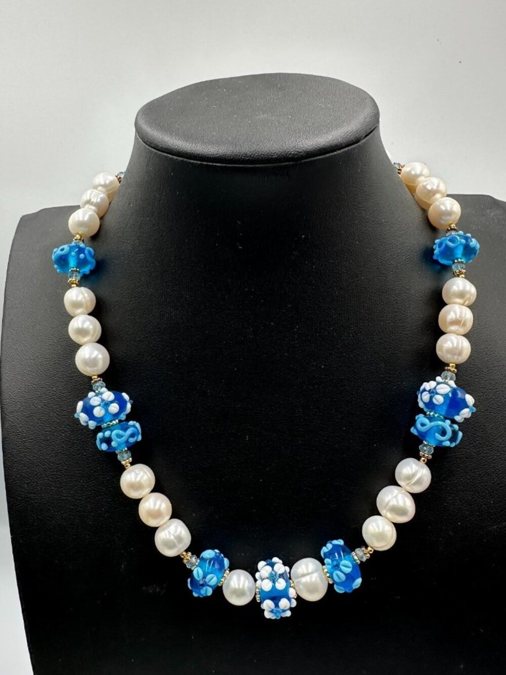 Freshwater Pearl Blue Lamp Work Beaded Necklace Sterling 925 Clasp Signed NBN